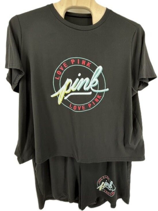 None Other - Love Pink Pajama Set Size 7XL Black Logo Oversized SS Top Shorts